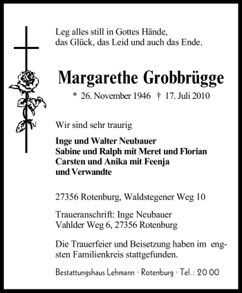 Traueranzeige von Margarethe Grobbrügge von KREISZEITUNG SYKE