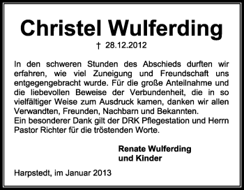 Traueranzeige von Christel Wulferding von KRZ