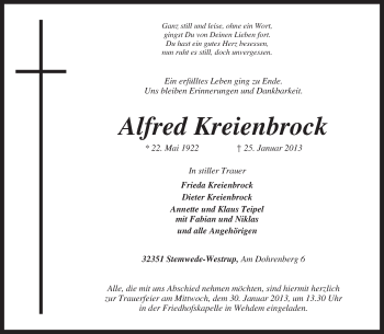 Traueranzeige von Alfred Kreienbrock von KRZ