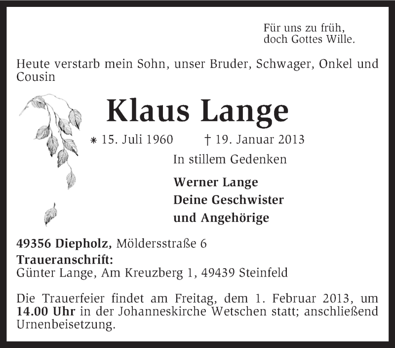 Traueranzeige für Klaus Lange vom 29.01.2013 aus KRZ