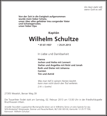 Traueranzeige von Wilhelm Schultze von KRZ