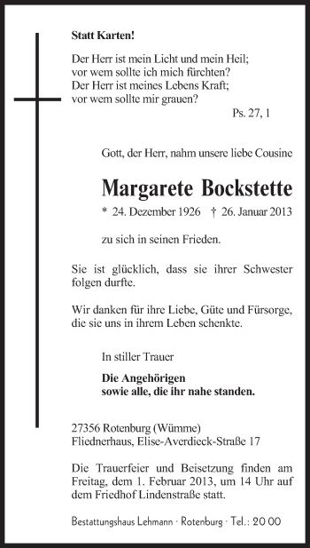 Traueranzeige von Margarete Bockstette von KRZ