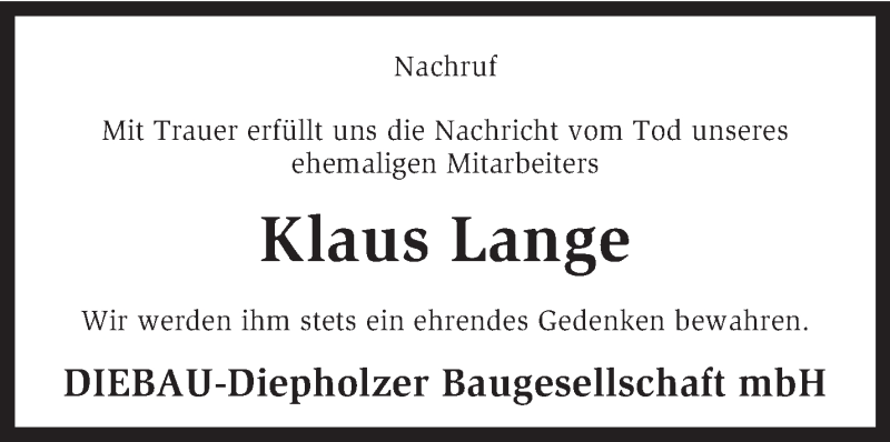  Traueranzeige für Klaus Lange vom 30.01.2013 aus KRZ
