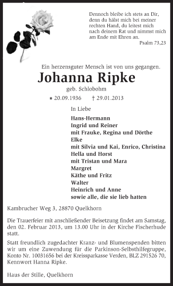 Traueranzeige von Johanna Ripke von KRZ