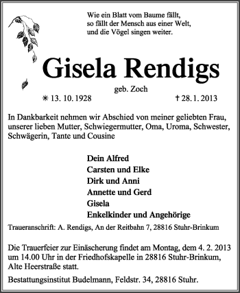 Traueranzeige von Gisela Rendigs von KRZ