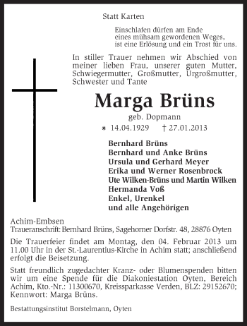 Traueranzeige von Marga Brüns von KRZ