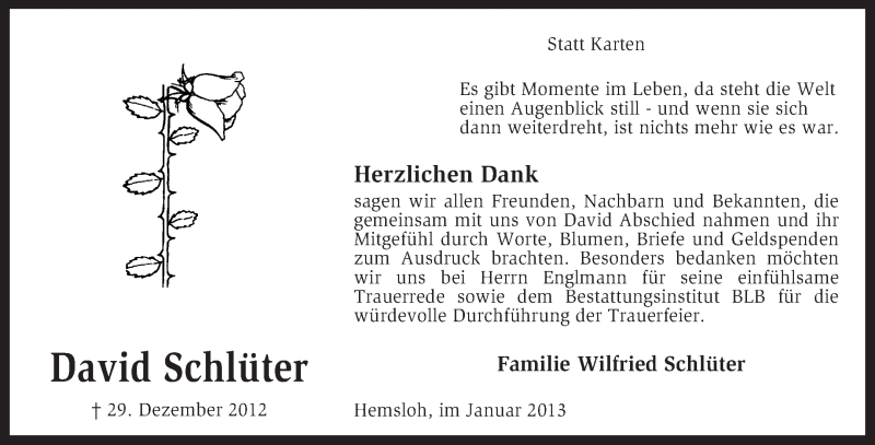  Traueranzeige für David Schlüter vom 31.01.2013 aus KRZ