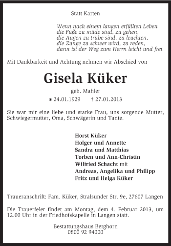 Traueranzeige von Gisela Küker von KRZ