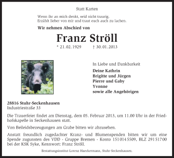 Traueranzeige von Franz Ströll von KRZ