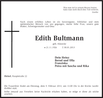 Traueranzeige von Edith Bultmann von KRZ