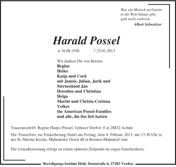 Traueranzeige von Harald Possel von KRZ