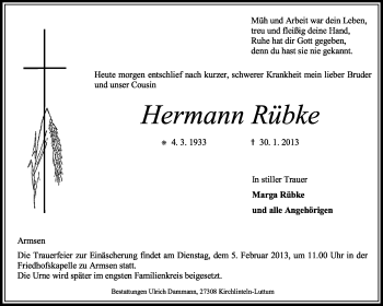 Traueranzeige von Hermann Rübke von KRZ