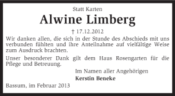 Traueranzeige von Alwine Limberg von KRZ