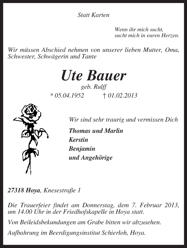  Traueranzeige für Ute Bauer vom 04.02.2013 aus KRZ