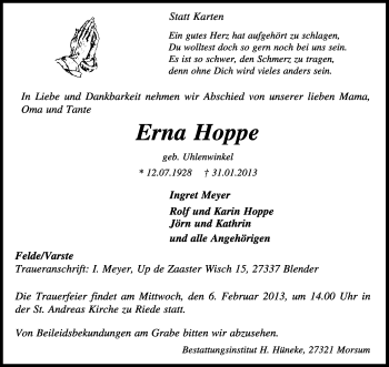 Traueranzeige von Erna Hoppe von KRZ