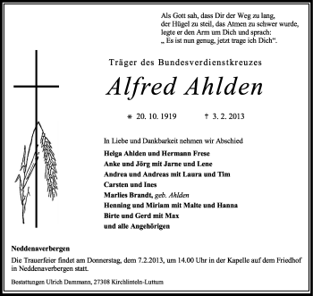 Traueranzeige von Alfred Ahlden von KRZ