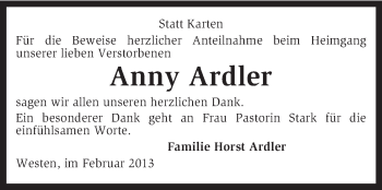 Traueranzeige von Anny Ardler von KRZ