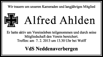 Traueranzeige von Alfred Ahlden von KRZ