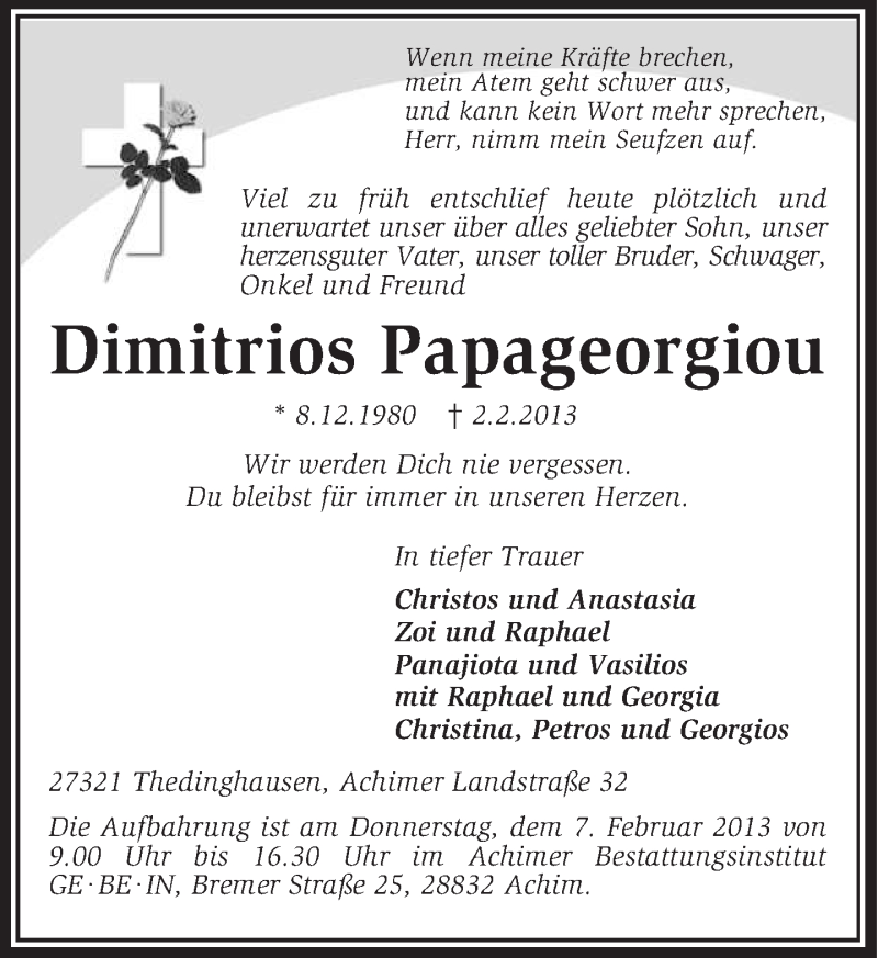  Traueranzeige für Dimitrios Papageorgiou vom 06.02.2013 aus KRZ