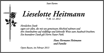 Traueranzeige von Lieselotte Heitmann von KRZ