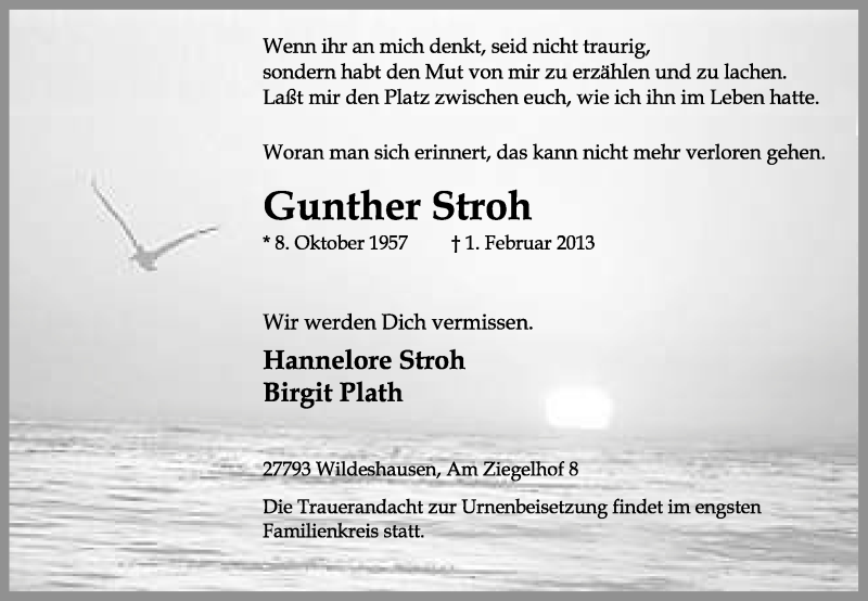  Traueranzeige für Gunther Stroh vom 06.02.2013 aus KRZ