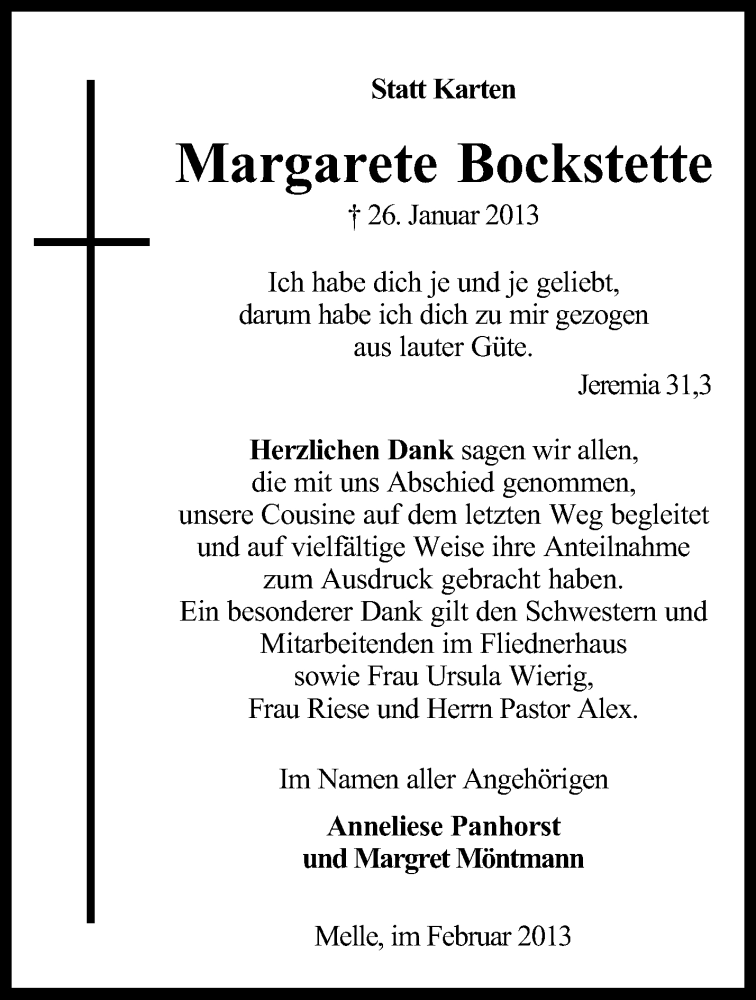  Traueranzeige für Margarete Bockstette vom 09.02.2013 aus KRZ