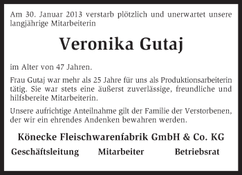 Traueranzeige von Veronika Gutaj von KRZ