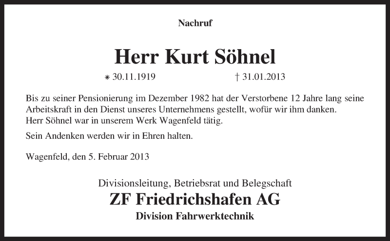 Traueranzeige für Kurt Söhnel vom 06.02.2013 aus KRZ