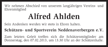 Traueranzeige von Alfred Ahlden von KRZ