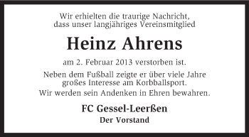 Traueranzeige von Heinz Ahrens von KRZ