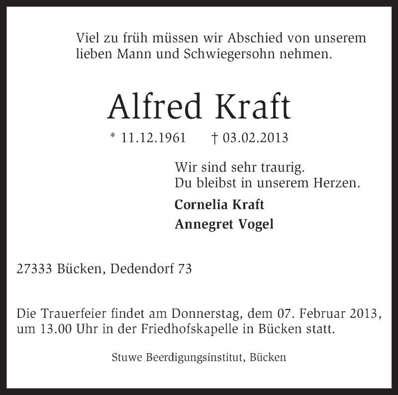  Traueranzeige für Alfred Kraft vom 06.02.2013 aus KRZ