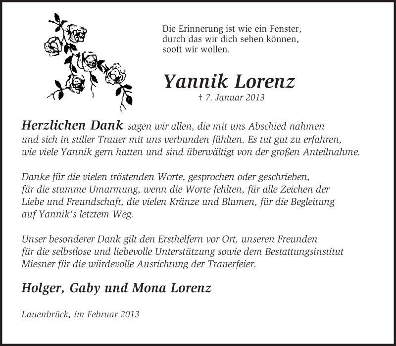  Traueranzeige für Yannik Lorenz vom 09.02.2013 aus KRZ