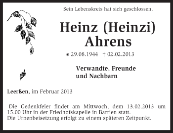 Traueranzeige von Heinz Ahrens von KRZ