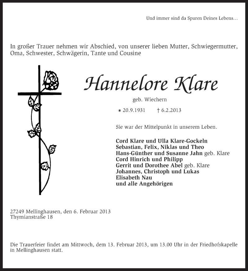  Traueranzeige für Hannelore Klare vom 08.02.2013 aus KRZ