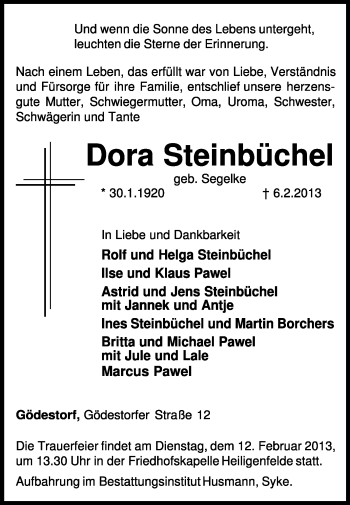 Traueranzeige von Dora Steinbüchel von KRZ