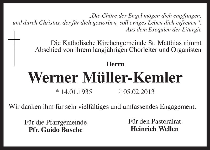  Traueranzeige für Werner Müller-Kemler vom 09.02.2013 aus KRZ