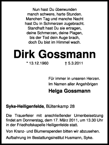 Traueranzeige von Dirk Gossmann von KREISZEITUNG SYKE