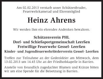 Traueranzeige von Heinz Ahrens von KRZ