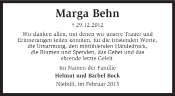 Traueranzeige von Marga Behn von KRZ