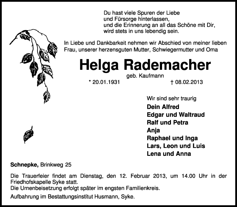  Traueranzeige für Helga Rademacher vom 09.02.2013 aus KRZ