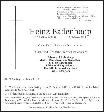 Traueranzeige von Heinz Badenhoop von KRZ