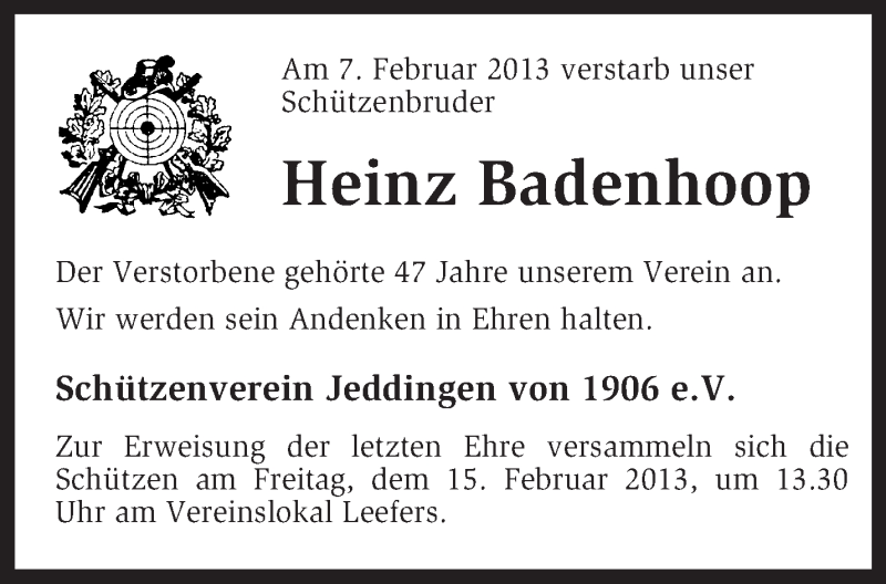  Traueranzeige für Heinz Badenhoop vom 12.02.2013 aus KRZ