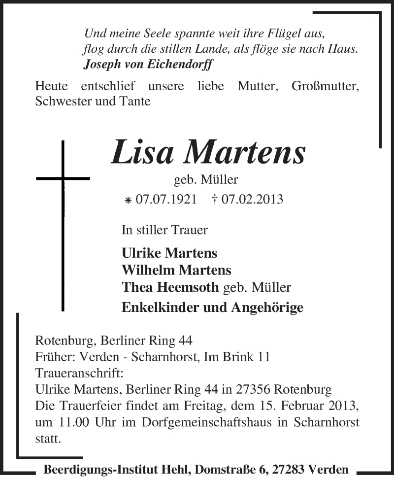  Traueranzeige für Lisa Martens vom 12.02.2013 aus KRZ
