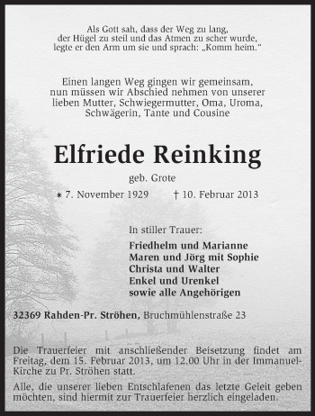 Traueranzeige von Elfriede Reinking von KRZ