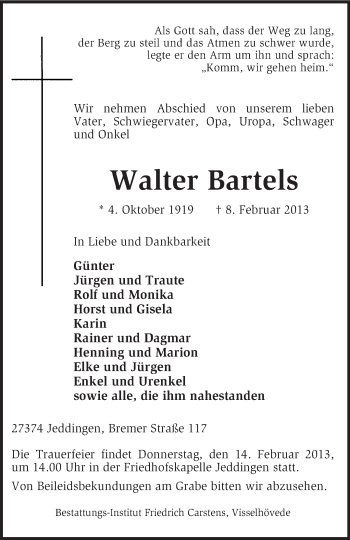 Traueranzeige von Walter Bartels von KRZ