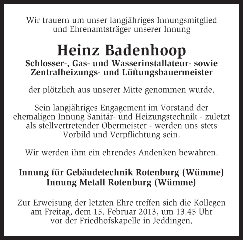  Traueranzeige für Heinz Badenhoop vom 12.02.2013 aus KRZ