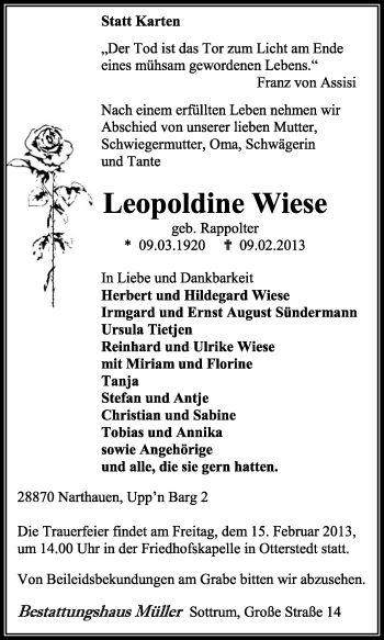 Traueranzeige von Leopoldine Wiese von KRZ