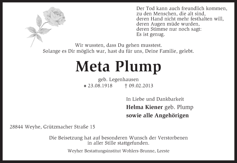  Traueranzeige für Meta Plump vom 15.02.2013 aus KRZ