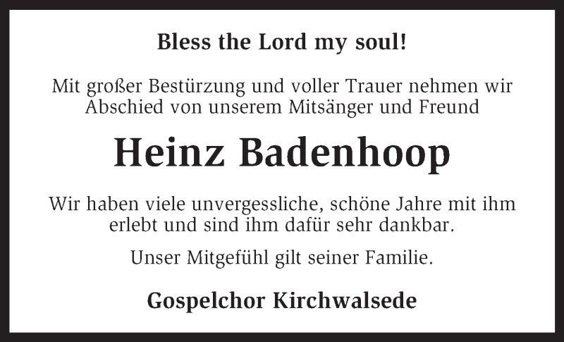  Traueranzeige für Heinz Badenhoop vom 13.02.2013 aus KRZ
