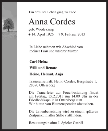 Traueranzeige von Anna Cordes von KRZ